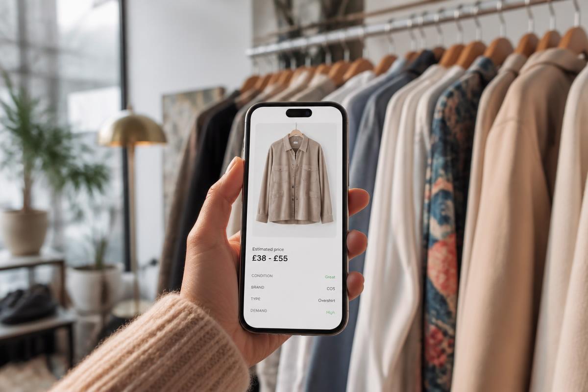 Mano sosteniendo un móvil con una estimación de precio con IA frente a un perchero de ropa de segunda mano