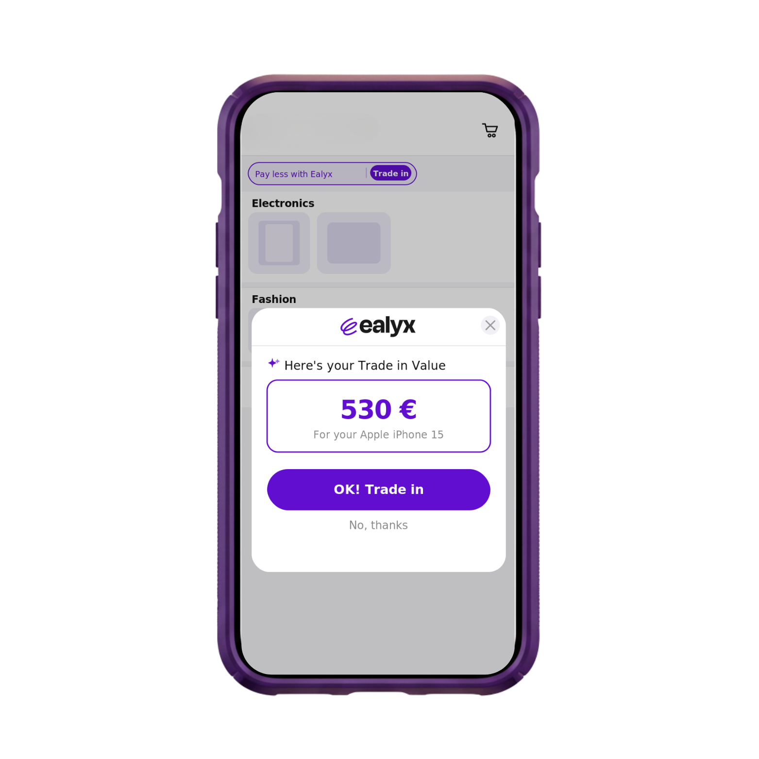 Widget de Basic Trade-In en móvil mostrando valoración de 530€ para Apple iPhone 15