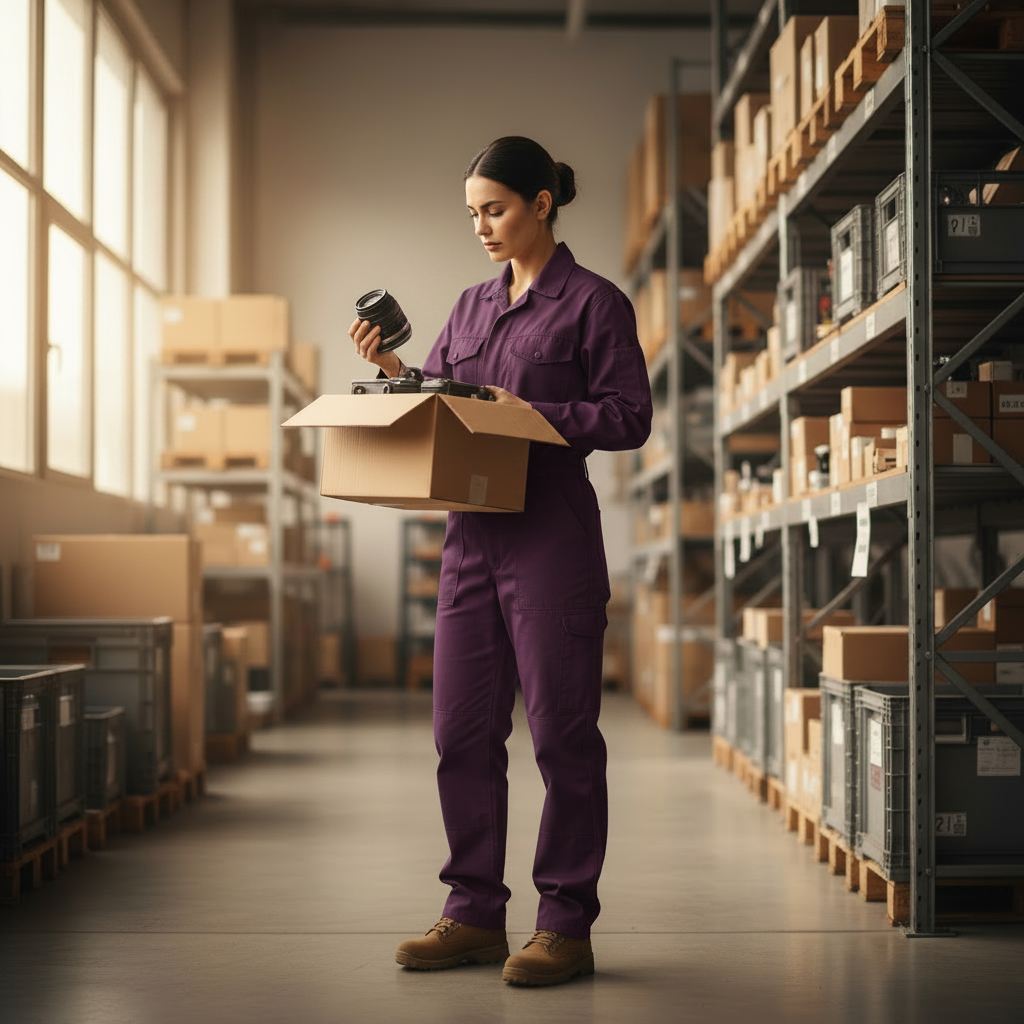 Buyback partner inspeccionando un artículo devuelto en un almacén