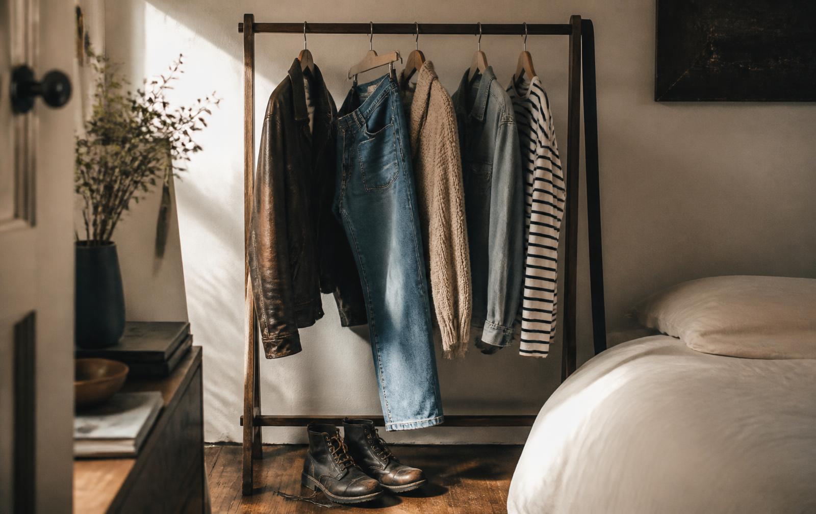Chambre vécue avec un petit portant en bois portant une veste en cuir patinée, un jean délavé, un pull en maille, une chemise en jean et un haut rayé, bottes usées au sol