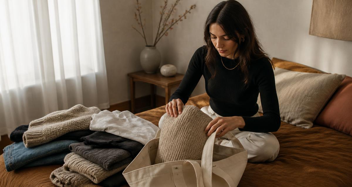 Mujer clasificando en casa un pequeño montón de ropa de segunda mano doblada en un tote bag