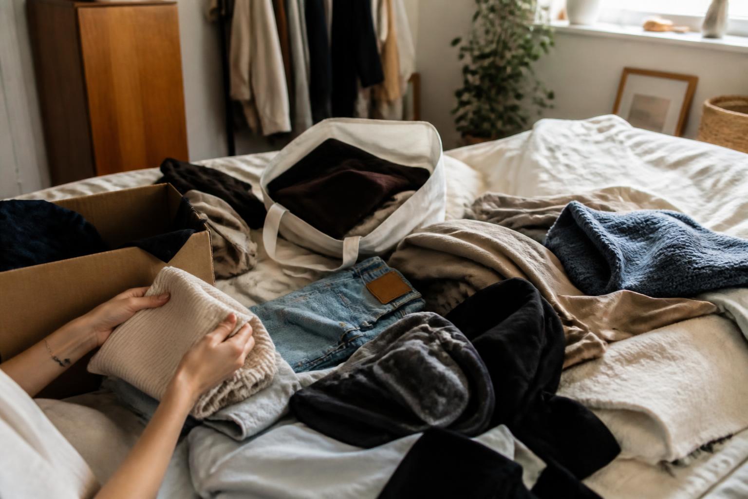 Manos clasificando un montón real de ropa entre una caja de cartón para donar y una bolsa para revender en una habitación vivida