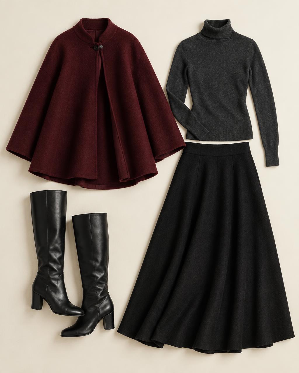 Cape en laine + col roulé + jupe longue + bottes hautes
