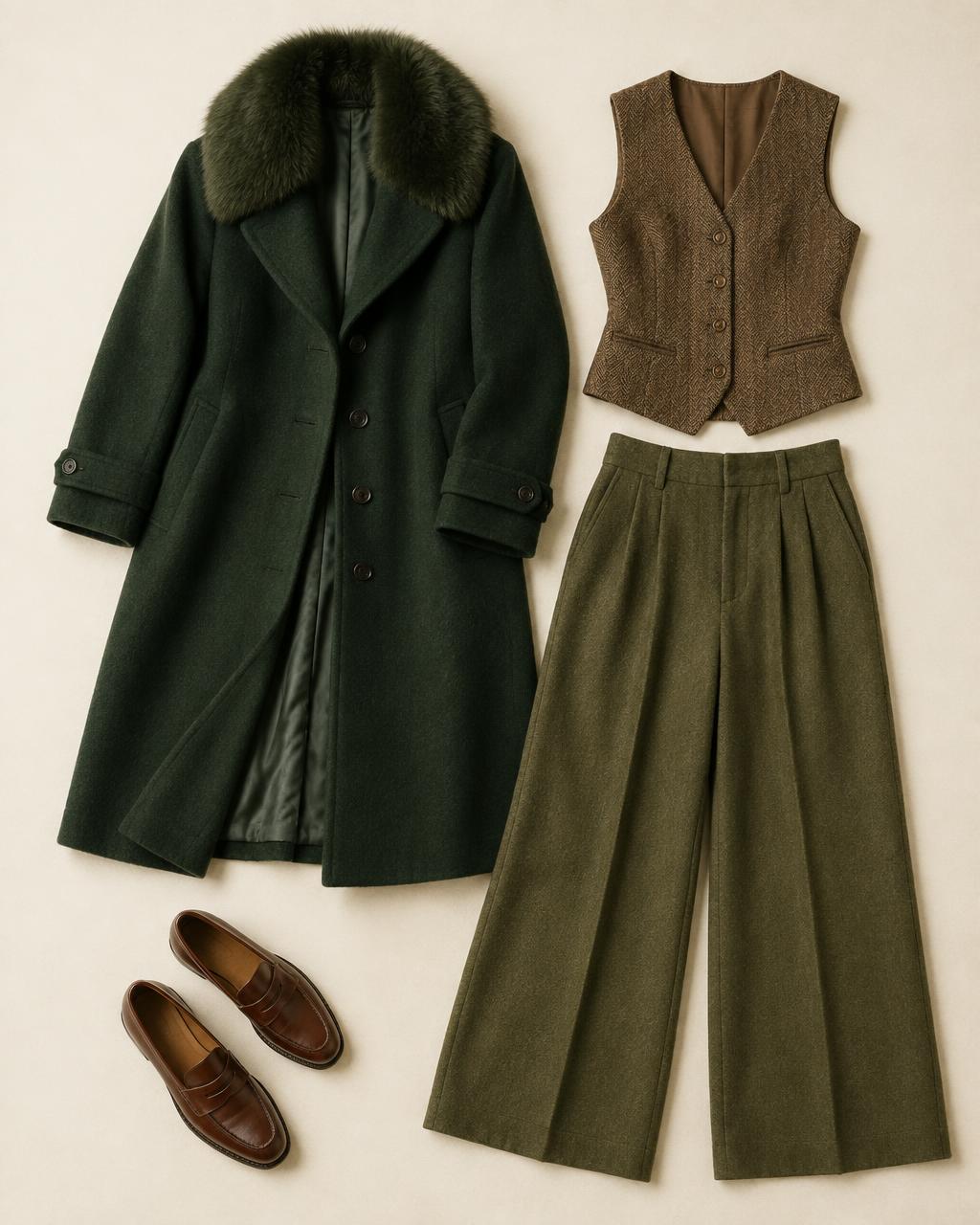 Manteau à col fausse fourrure + gilet de costume en tweed + pantalon large