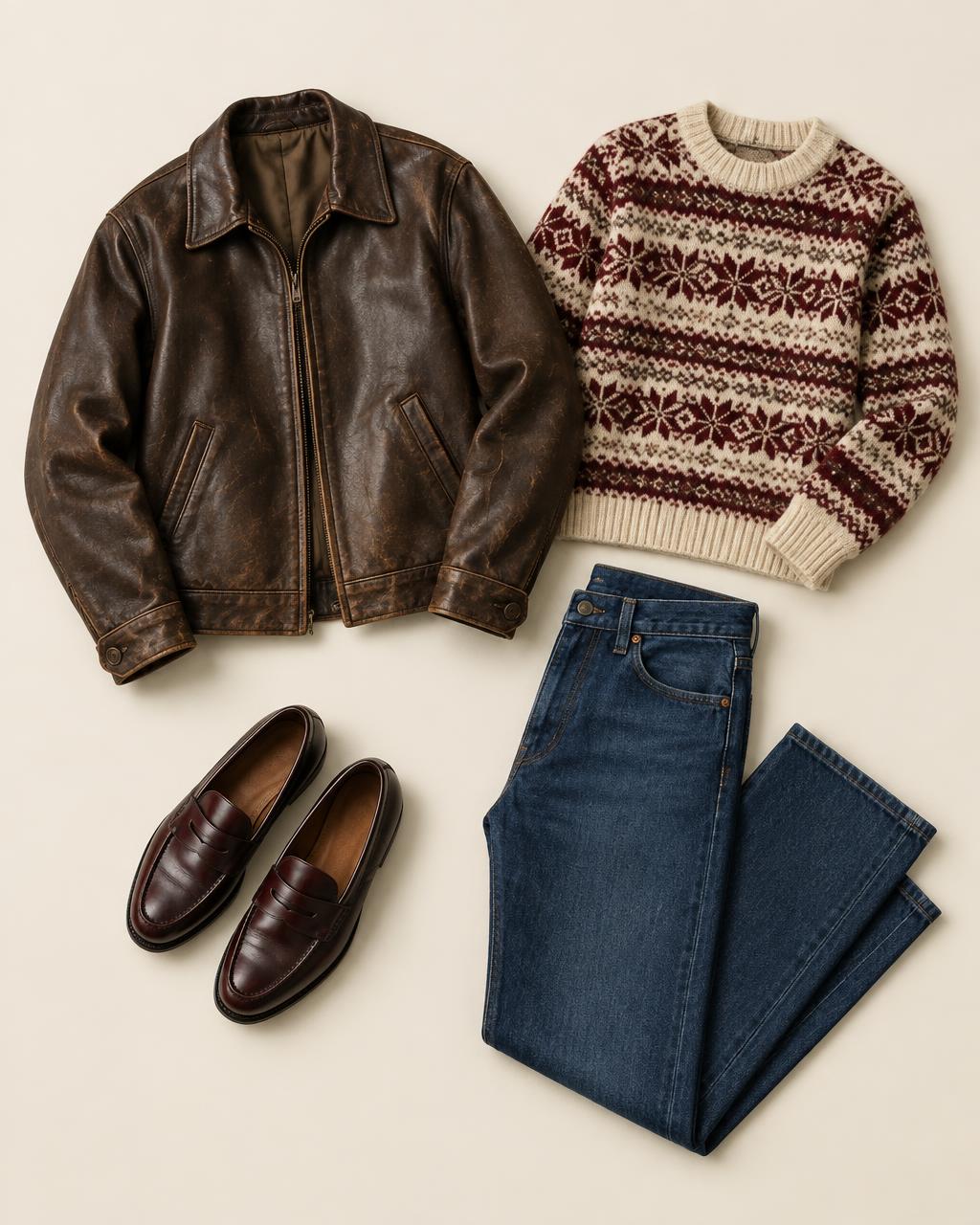 Veste en cuir vintage + pull Fair Isle + jean brut + mocassins
