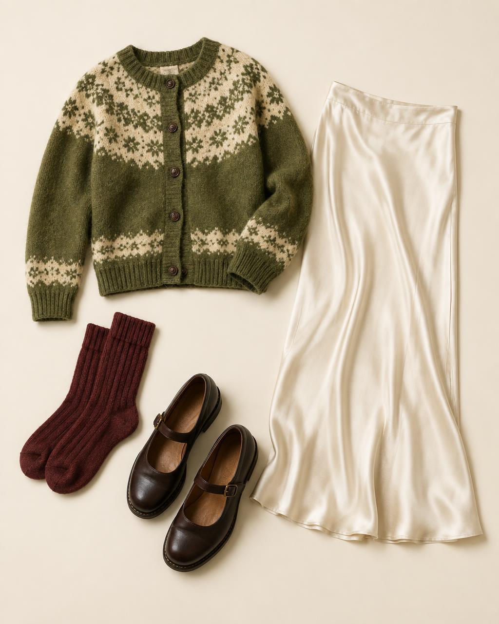 Gilet Fair Isle + jupe nuisette + grosses chaussettes + babies