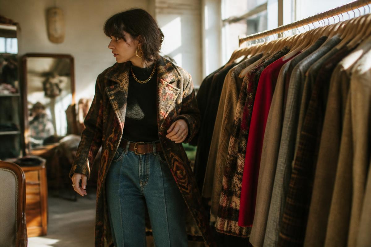 Femme en tenue thrifted, manteau vintage imprimé et ceinture en cuir, devant un portant de vêtements de seconde main dans une friperie baignée de lumière