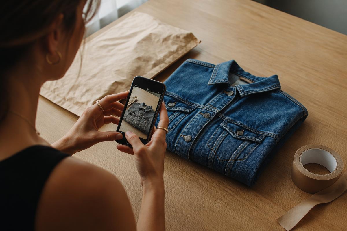 Femme photographiant avec son téléphone une veste en jean de seconde main pliée, à côté d'une pochette d'envoi en papier kraft et d'un rouleau d'adhésif