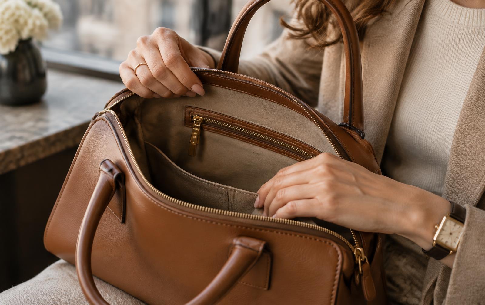 Hands inspecting the lining, stitching and hardware inside a second-hand leather designer bag
