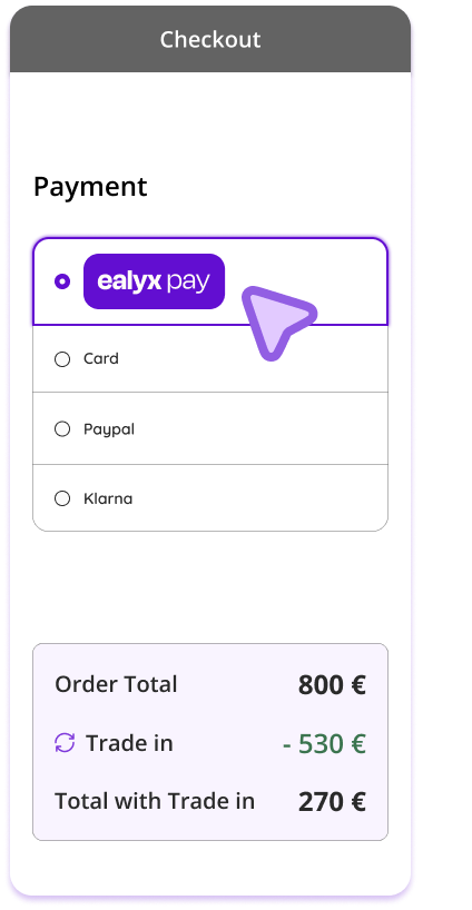 Pantalla de checkout con Ealyx Pay y descuento de trade-in