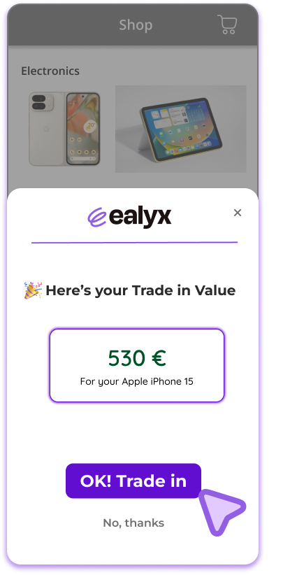Pantalla de valoración mostrando 530€ para Apple iPhone 15