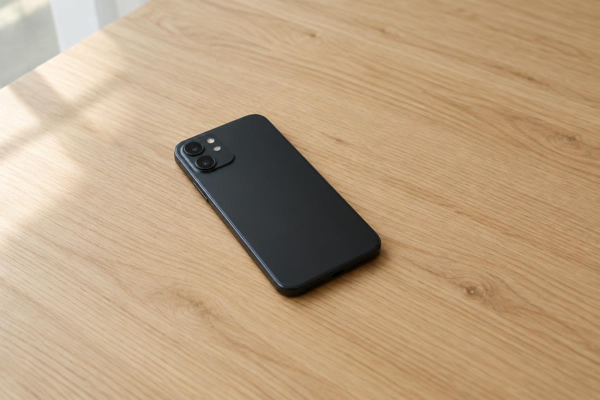 Un téléphone posé sur une table en bois avec une lumière naturelle.